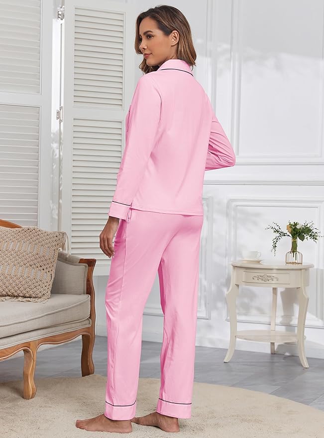 Veseacky 100% Cotton Pajamas for Women Set Long Sleeve Button Down Sleepwear Soft Pjs Lounge Sets with Pockets XS-XXL