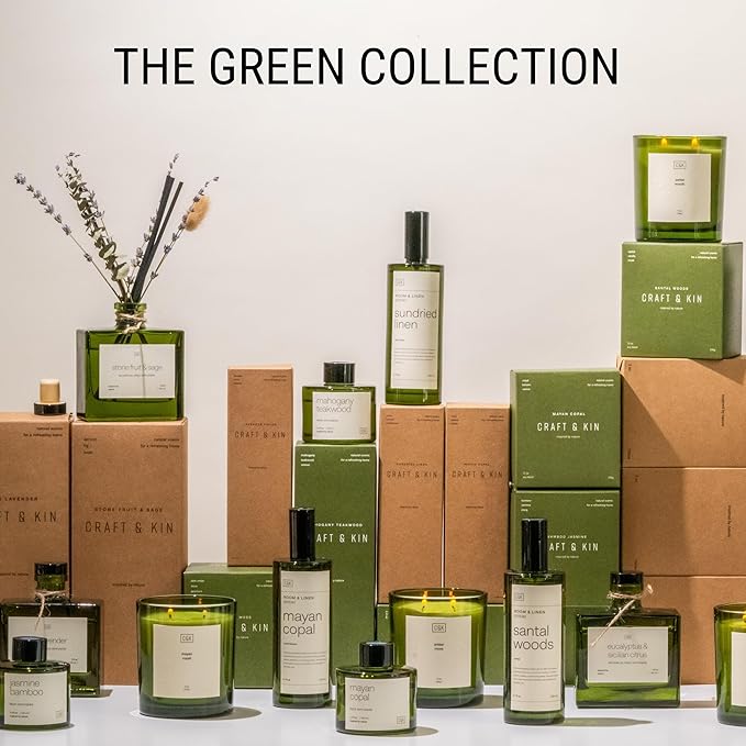 Craft & Kin Bamboo & Jasmine Christmas Reed Diffuser | All Natural Essential Oil & Rattan Scent Sticks | Holiday Reed Diffusers for Home, Bathroom | Long Lasting Home Fragrance in Green Glass, 3.4oz