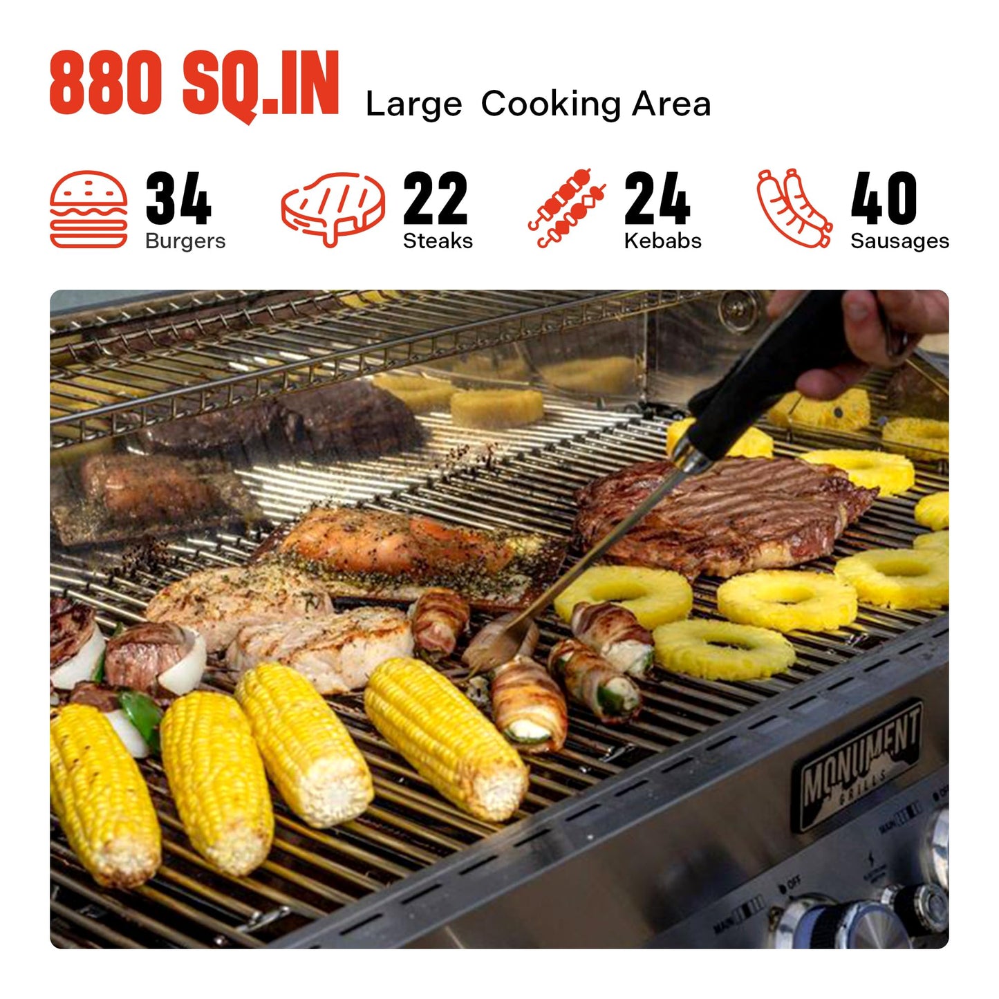 Monument Grills 6 Burner 640 sq.in. Stainless Steel Propane Gas Grill with a Rotisserie Kit, a Side Burner, a Built-In Thermometer, Large Cabinet Style Grill
