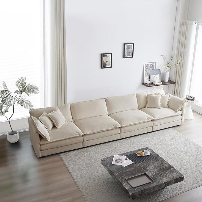 mikibama Luxury Modular Sectional Sofa, 146.5" Modern Chenille Comfy Cloud Couches for Living Room Office, 4 Seater Deep Sofa with 2 Armrest Pillows and 4 Toss Pillows, Light Coffee