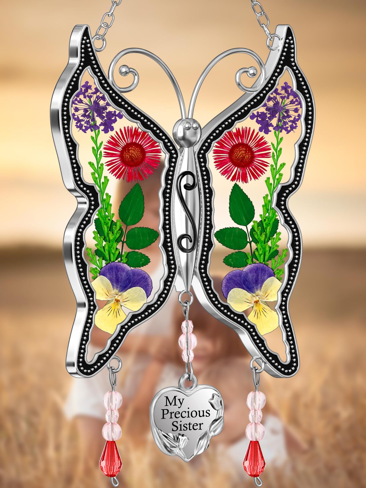 KY&BOSAM Gifts for Sister Suncatcher Butterfly My Precious Sister Stained Glass Catchers for Window Hanging Wind Chime Real Flower Wings and Heart Charm Gift for Sister Mother`s Day Birthday Christmas