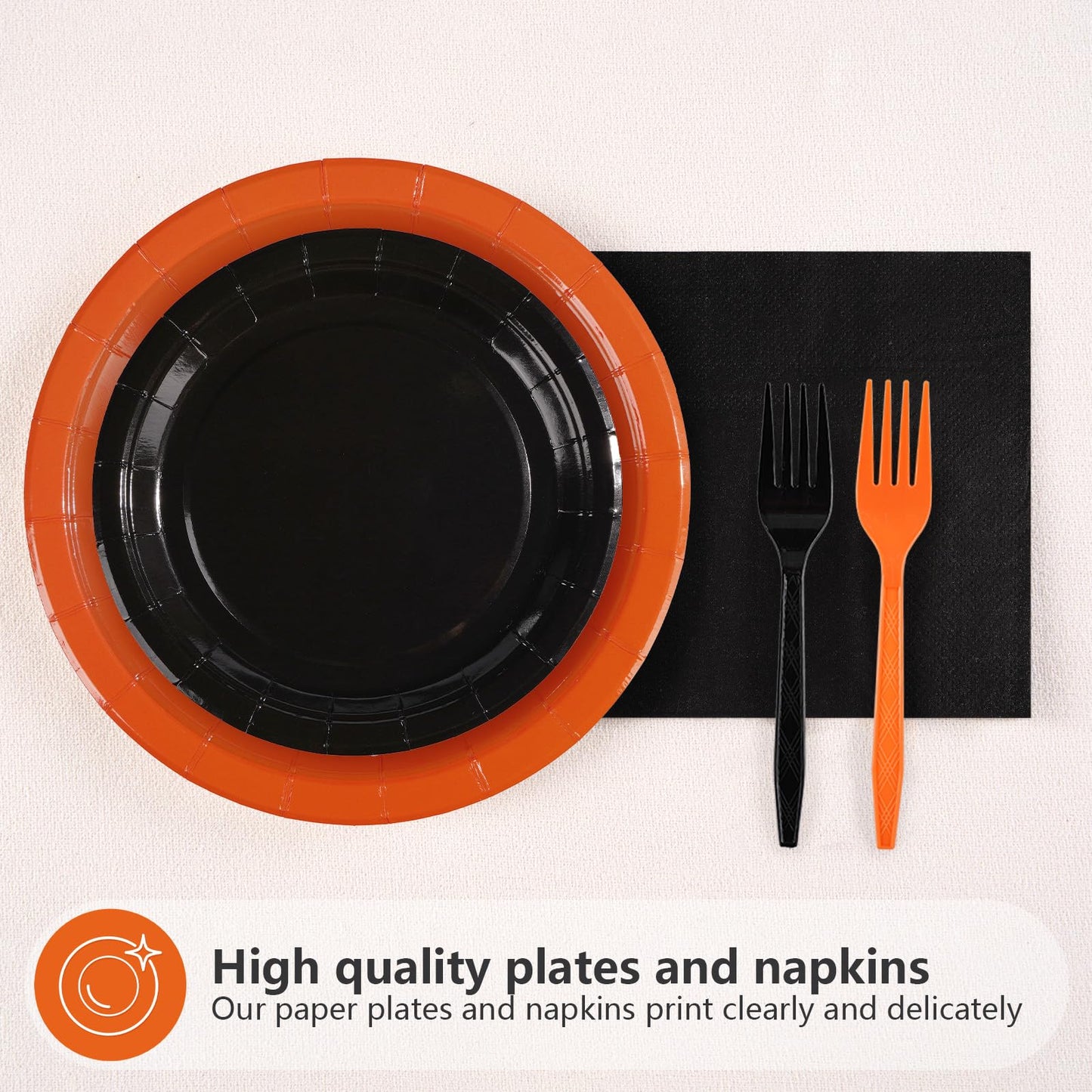 Grencian 96Pcs Orange and Black Party Decorations Orange and Black Plates and Napkins Disposable Paper Tableware Set for Birthday Wedding Baby Shower Fall Harvest Halloween Party Supplies, Serves 24