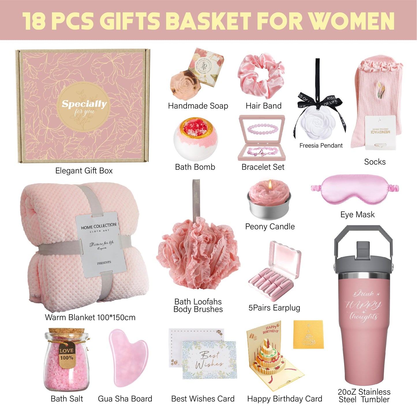 Birthday Gifts for Women Self Care Gifts Get Well Soon Gifts, Rose Relaxing Spa Gifts Basket Care Package w/Luxury Flannel Blanket, Unique for Mom Her Friend Sister Wife Grandma