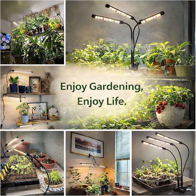 3head Plant Lights, 2Pack Grow Lights for Seed Starting, Full Spectrum Growing Lamps with Clip for Indoor Plants, Auto ON & Off Timer 3/9/12H, 3 Switch Modes, 10-Level Dimmable Brightness