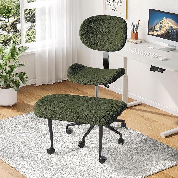 Cross Legged Office Chair with Wheels for ADHD, Ergonomic 360° Swivel Height-Adjustable Meditation Chair for Yoga, Wide Kneeling Chair with Strong Lumbar Support, Teddy Fabric, Green