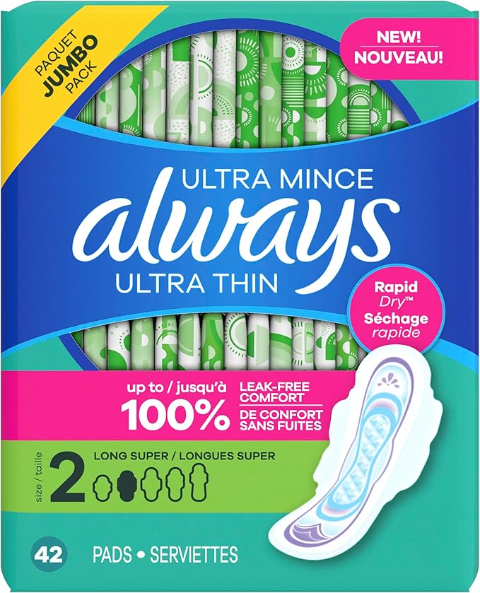 Always Ultra Thin Pads with Wings, Size 2, Long Super, 42 Count