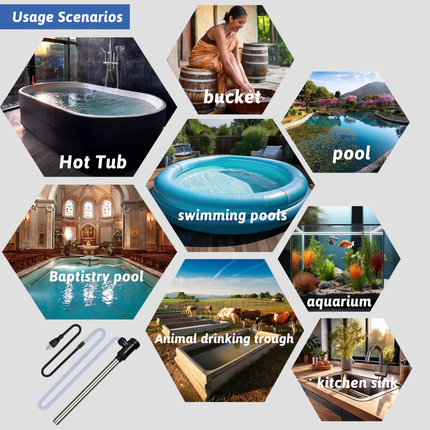 XCLBTFDC 1800W Portable Submersible Water Heater Electric Hot Tub and Pool Immersion Water Heater with 176°F Temp Control, WiFi Timer for Baptistry, Spa, above ground pool, Inflatable Pool & Bathtub