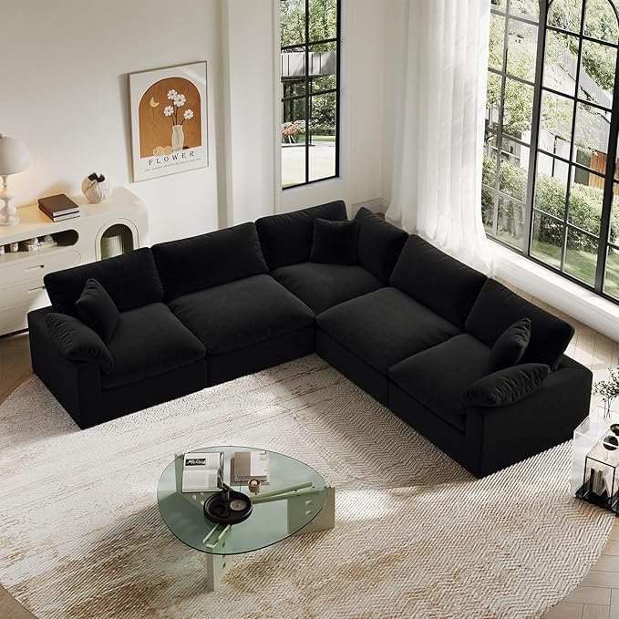 Intuition Decor Cloud Modular Sectional Sofa,211.6" Down Filled Sofa 5 Seat with Chaise,Minimalist Sofa Cover Washable and Replaceable Couches for Living Room,Sectional Sofa Deep Seat Black