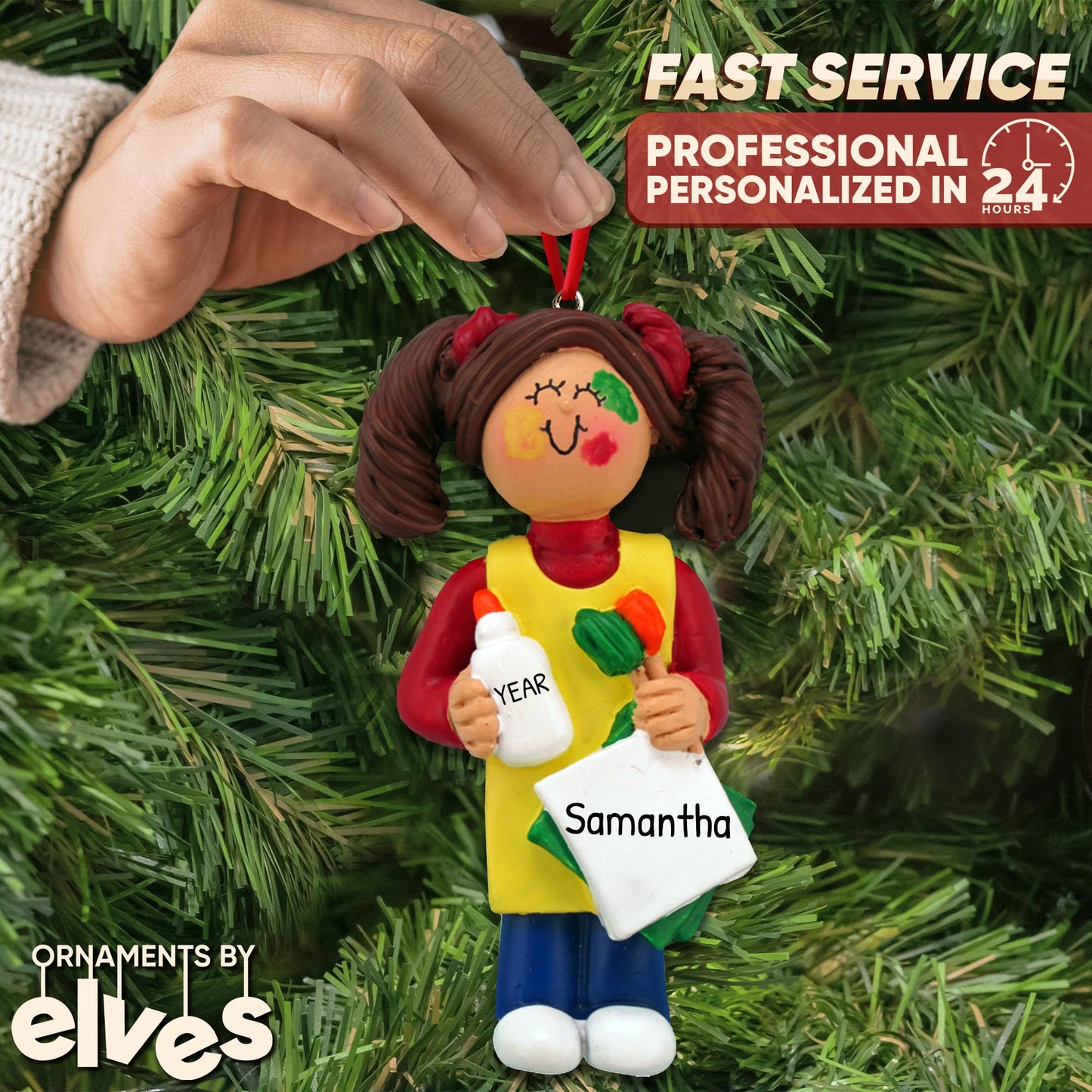 Brunette Personalized Art Ornaments - 2024 Custom Christmas Art Teacher & Girls Ornaments for Tree