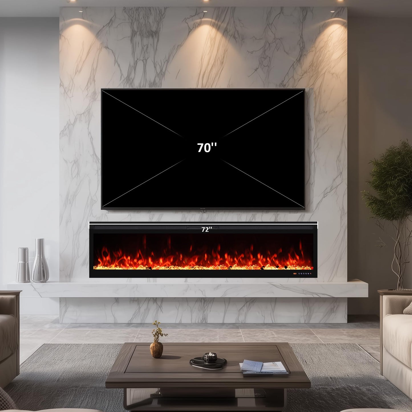 Oxhark Flame Linear Smart WiFi Electric Fireplace 72 Inch, APP & Touch Screen & Remote Control, 169 Realistic Flame Color Combinations, Timer & Thermostat Fireplace Heater,1500W