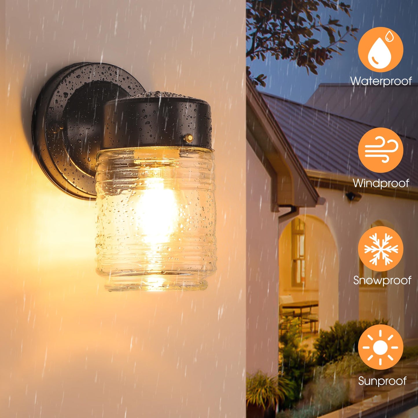 MATAMEYE Jelly Jar Outdoor Wall Lantern, Black Exterior Waterproof Wall Mount Lighting Fixture, Anti-Rust Front Door Sconce with Clear Ribbed Glass, E26 Socket Lights, 2 Pack