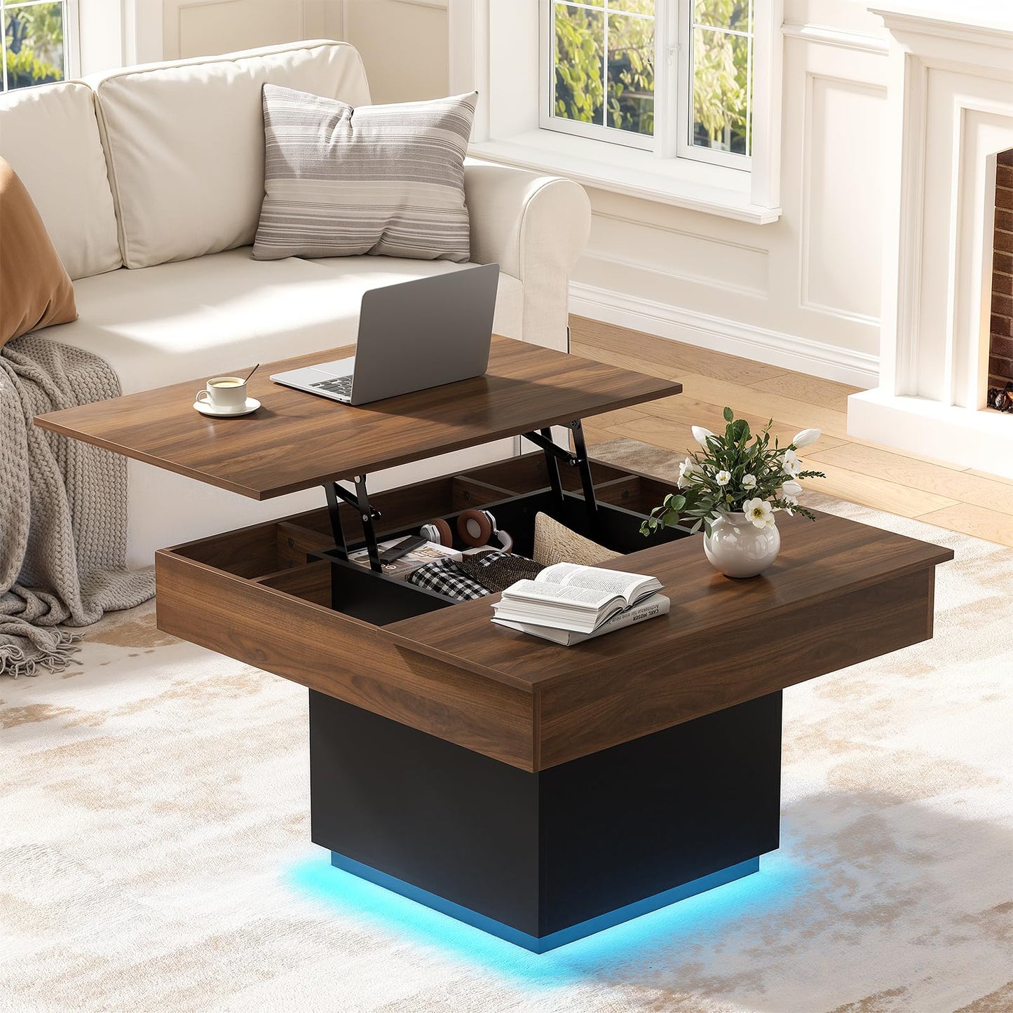 FABATO Lift Top Coffee Table with LED Light and Charging Station, 31.5 Inch Square Coffee Table with Hidden Storage, Modern Farmhouse Center Table for Living Room, Reception Dinning Room,Black