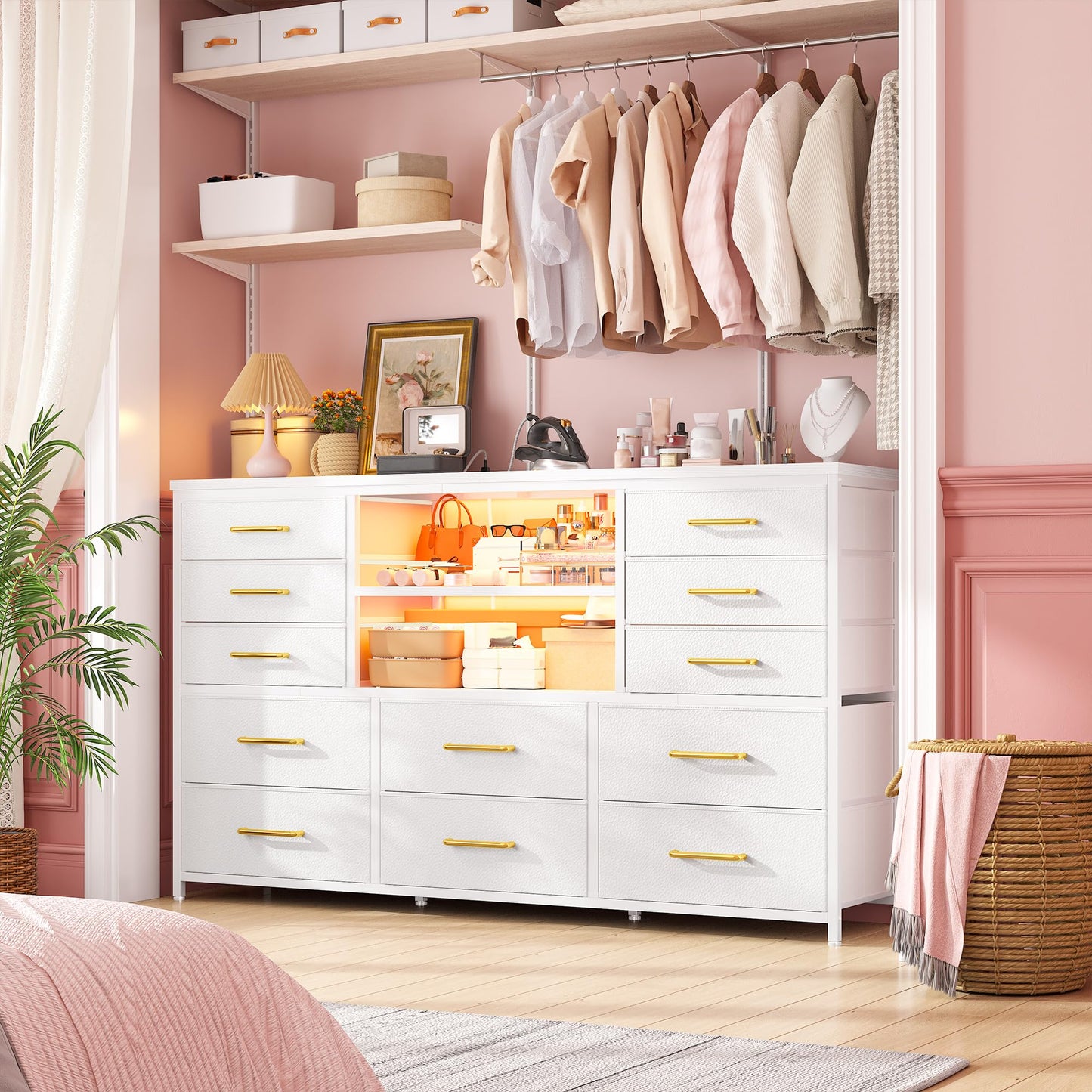 EnHomee White Dresser for Bedroom with 12 Drawers, Fabric Bedroom Dresser with LED Lights & Power Outlets Long Dressers & Chest of Drawers, Sturdy Metal Frame for Closet, Living Room, Hallway