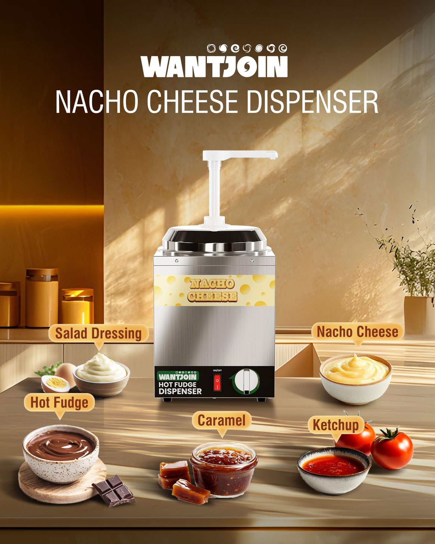 WantJoin Nacho Cheese Dispenser with Pump - 2.2Qt Nacho Cheese Warmer,Stainless Steel Hot Fudge Warmer W/5-Level Temperature Adjustment,Commercial Hot Fudge Dispenser for Hot Fudge Cheese Caramel