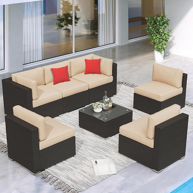 Crownland 7 Pieces Outdoor Patio Furniture Sets, All-Weather Black Wicker Rattan Sectional Sofa, Modern Glass Coffee Table and Washable Seat Cushion with Zipper,Light Brown