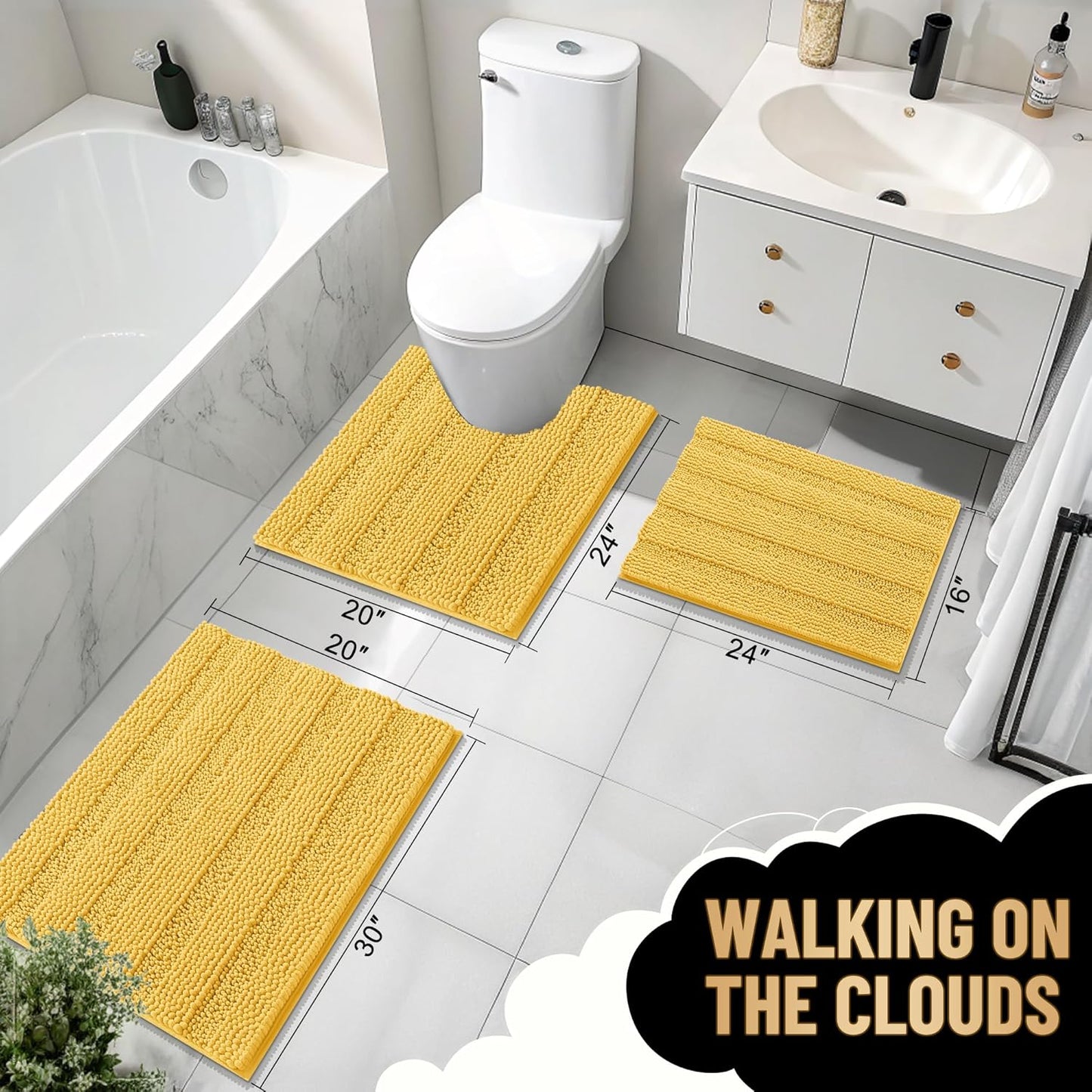 OLANLY Thick Bathroom Rugs 24x16, Extra Soft Absorbent Chenille Striped Bath Rugs, Rubber Backing, Machine Wash Dry, Bath Mats for Bathroom Floor, Tub and Shower, Home Decor Accessories, Yellow
