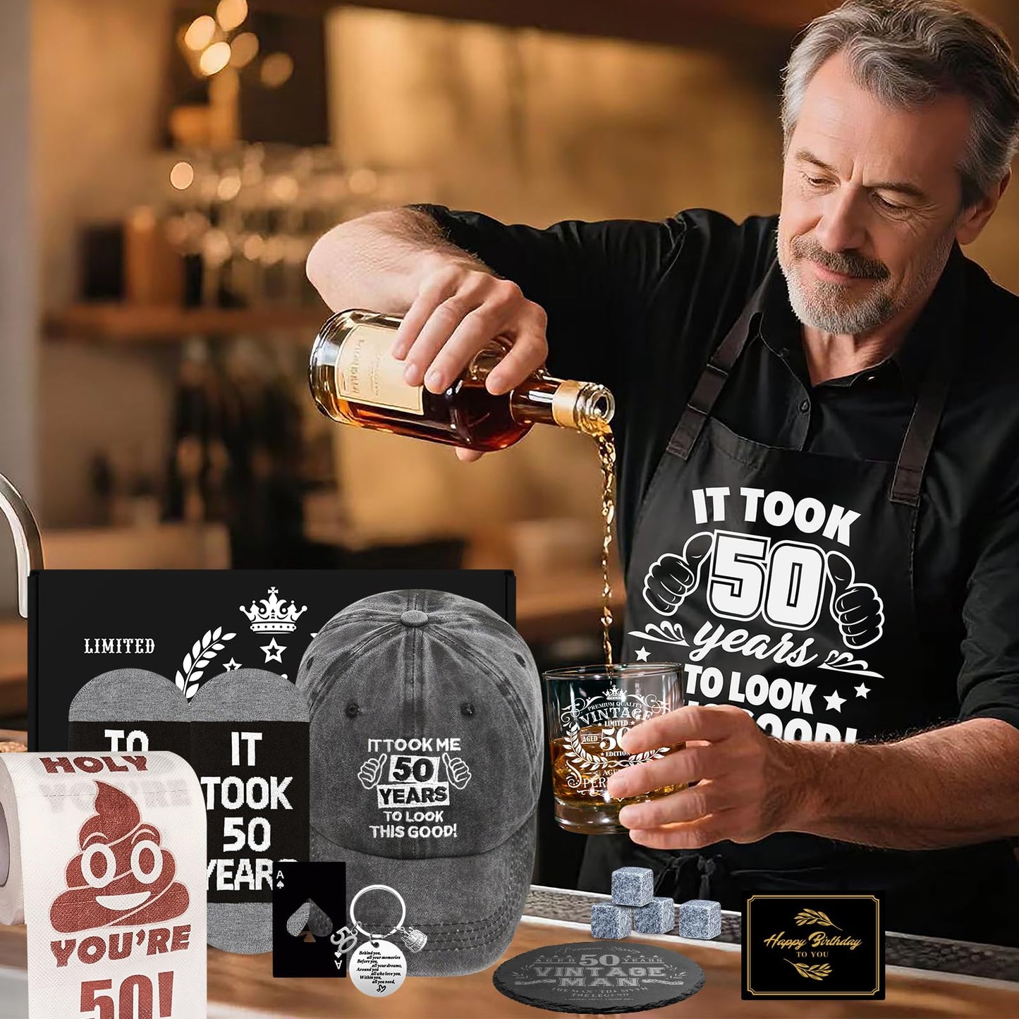 50th Birthday Gifts for Men Whiskey Glass Set, 50th Birthday Party Supplies with 11 Oz Whiskey Glass Coaster Stone Baseball Cap Apron Sock Funny Toliet Paper Keychain for Him, Dad, Husband, Friends