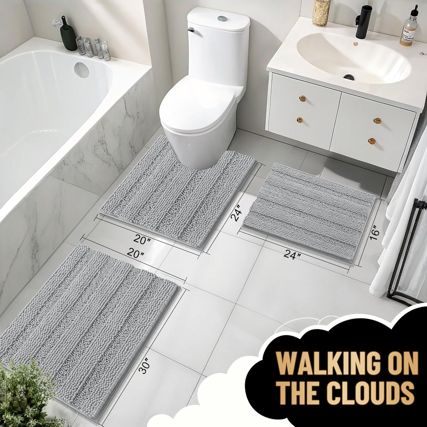 OLANLY Thick Bathroom Rugs 44x24, Extra Soft Absorbent Chenille Striped Bath Rugs, Rubber Backing, Machine Wash Dry, Bath Mats for Bathroom Floor, Tub and Shower, Home Decor Accessories, Light Grey