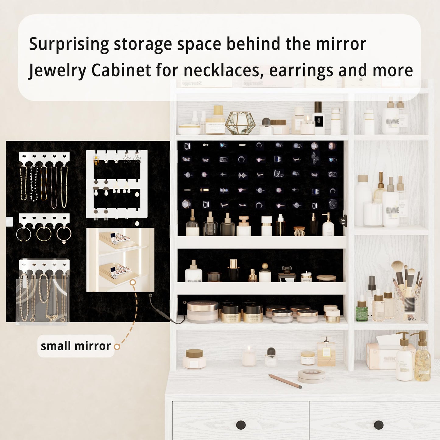 IRONCK Vanity Desk with Mirror and LED Lights, Jewelry Cabinet, Makeup Dressing Table Set with Drawers, Storage Shelves, for Bedroom, 65.3 H White