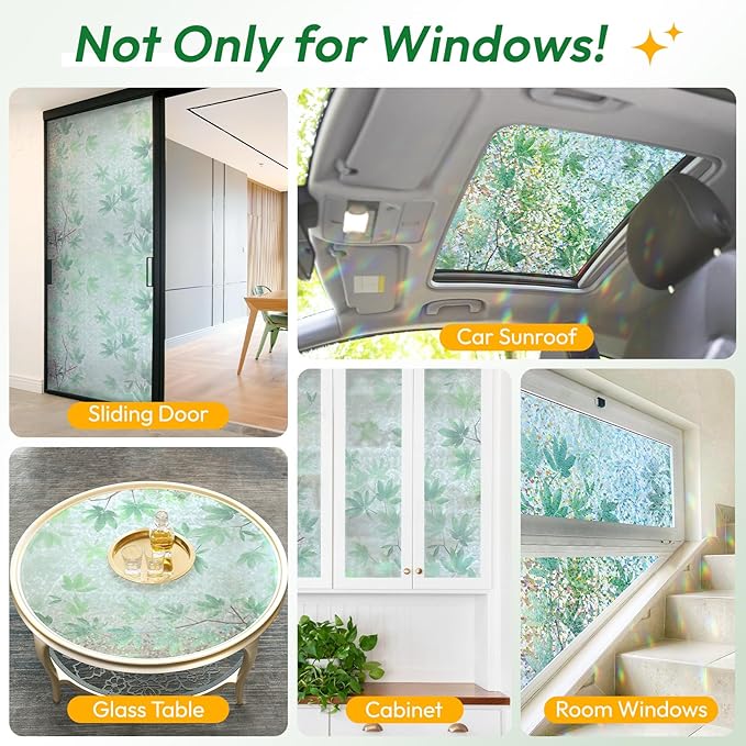 rabbitgoo Rainbow Window Privacy Film Decorative Stained Glass Diamond Pattern Window Sticker with Iridescent Tint Non-Adhesive Static Cling for Home Office Bathroom, Green Leaf 23.6 x 78.7 inch