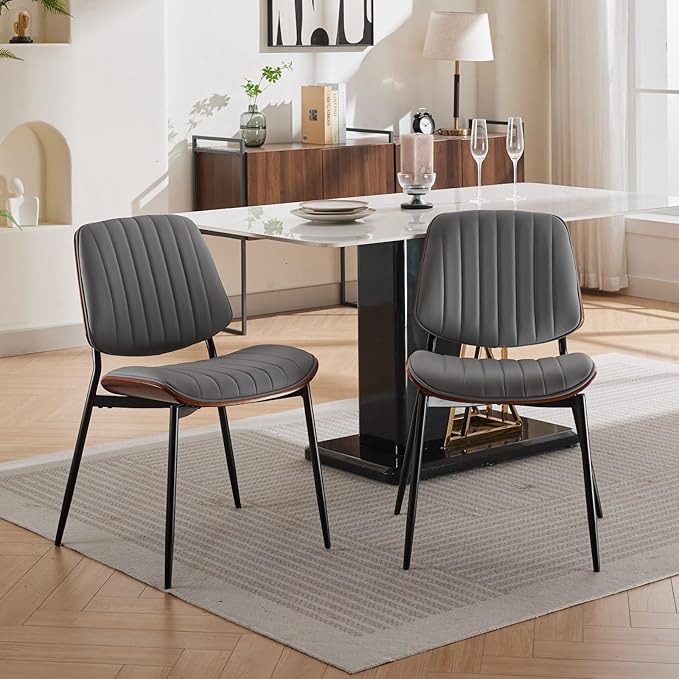 YaFiti Dining Chairs Set of 8, Mid Century Modern Accent Dining Room and Kitchen Chairs, Upholstered PU Leather Vertical Stripe Chairs for Vanity with Walnut Bentwood and Metal Legs, Gray