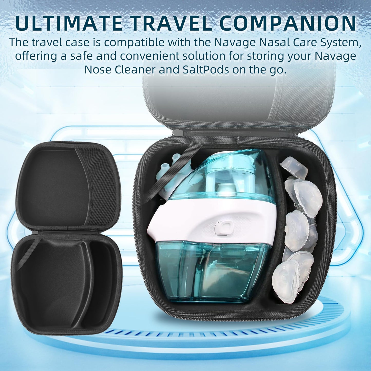 Calvana Travel Case Compatible with the Navage Nasal Irrigation System, Scratch-Resistant Organizer for Nose Cleaner & 12 SaltPods, Black, 9" x 7.75" x 4.25" (Nose Cleaner & SaltPods Not Included)
