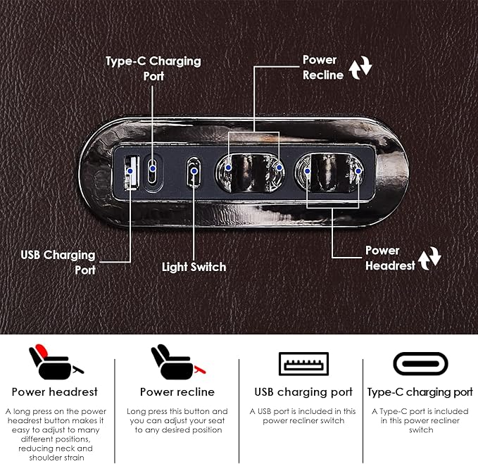 Weilianda Home Theater Seating Top Grain Leather Zero Gravity Recliner Chair Power Headrest Recline Movie Seat Gaming 7 Colors Mood Light Sofa with Tray Table USB Charge Row of 5 Brown