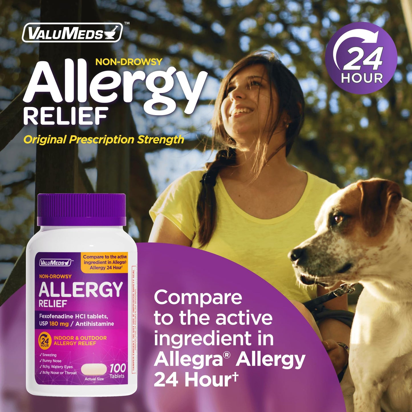 ValuMeds | Compare to Allegra | Fexofenadine HCl 180mg | 24-Hour Allergy Relief, Non-Drowsy Antihistamine Generic Medicine for Allergies, Hay Fever, Itchy Eyes | for Kids & Adults (100 Count)