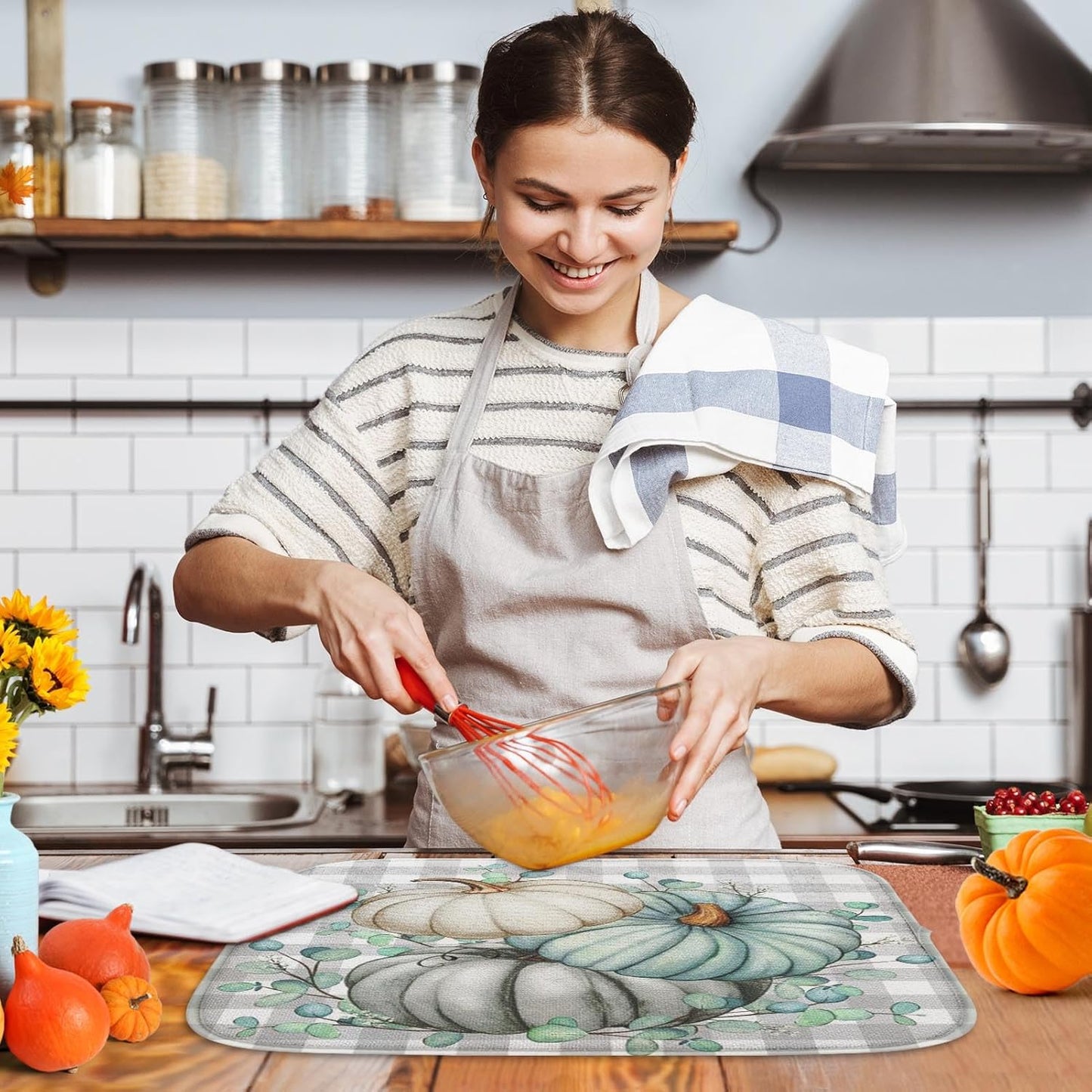 Sanwarm Absorbent Dish Drying Mat, Autumn Watercolor Pumpkin Microfiber Pad for Kitchen Counter, Fall Plaid for Coffee Bar Decor, Heat Resistant and Reversible, 16" x 18"
