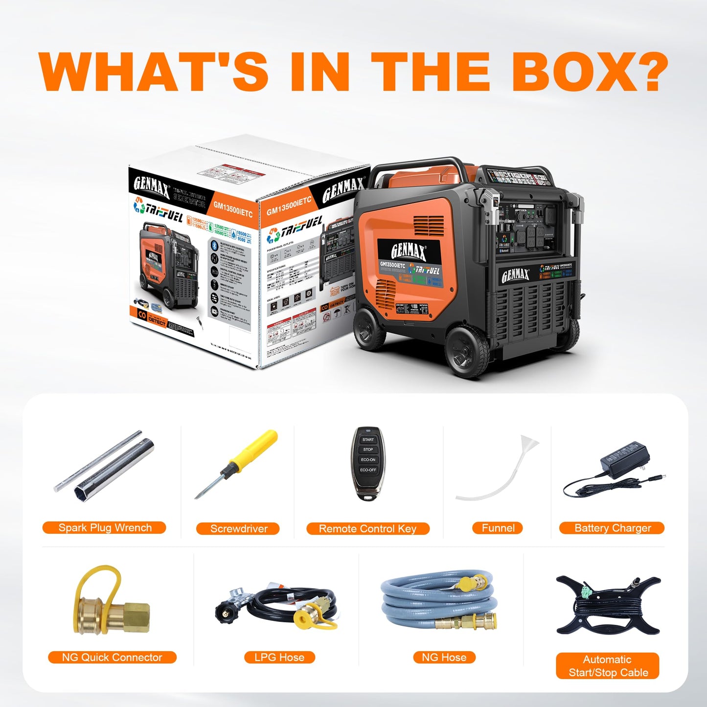 GENMAX 13500W Tri-Fuel Inverter Generator(2026 Model )— 50A Outlet,ATS 2-Wire Auto-Start,Bluetooth&CO Sensor,550cc Quiet Engine, Built-in LED Light—CARB Compliant,Ideal for Home Backup,RV & Camping