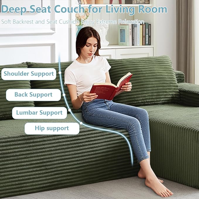 96" Cloud Sectional Couch with L-Shape Chaise, Modern Corduroy Boneless Couch for Living Room,Memory Foam Sofa with Deep Seat,No Assembly Required (Green,Right-Facing Chaise)