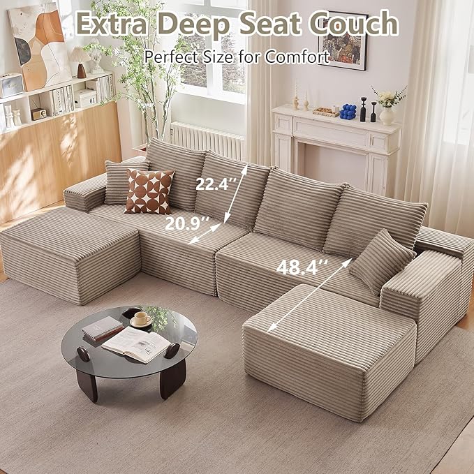 140" Sectional Cloud Couch for Living Room, Modular Floor Deep-Seat Sofa, Big Comfy Corduroy Couches Set with Fluffy Memory Foam, Stupendous U Shaped Sofas, No Assembly Required, Camel