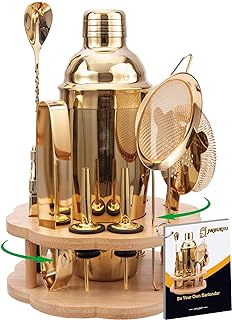 JWJIUEJIU Cocktail Shaker Set Bartender Kit with Rotatble Bamboo Stand,11 Piece Bar Set Stainless Steel Bar Accessories fo...