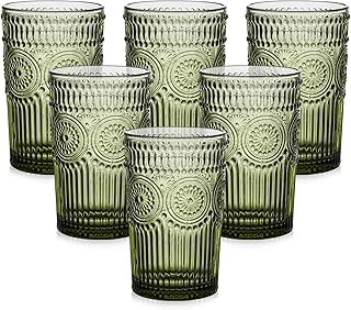 ZMOWIPDL Vintage Glassware Drinking Glasses Set of 6,13 oz Green Textured Flower Design Glass Water Tumblers,Embossed Stri...
