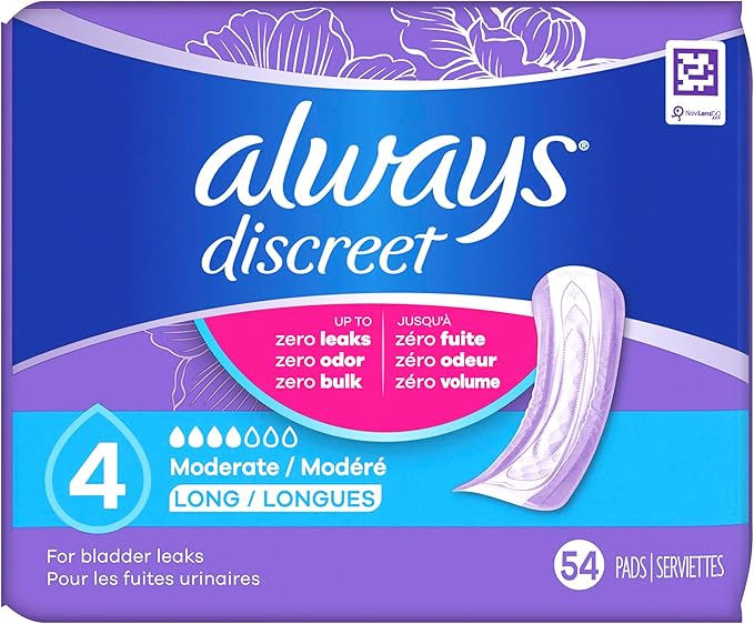Always Discreet Adult Incontinence Pads for Women, Moderate Absorbency, Long Length, Postpartum Pads, 54 Count