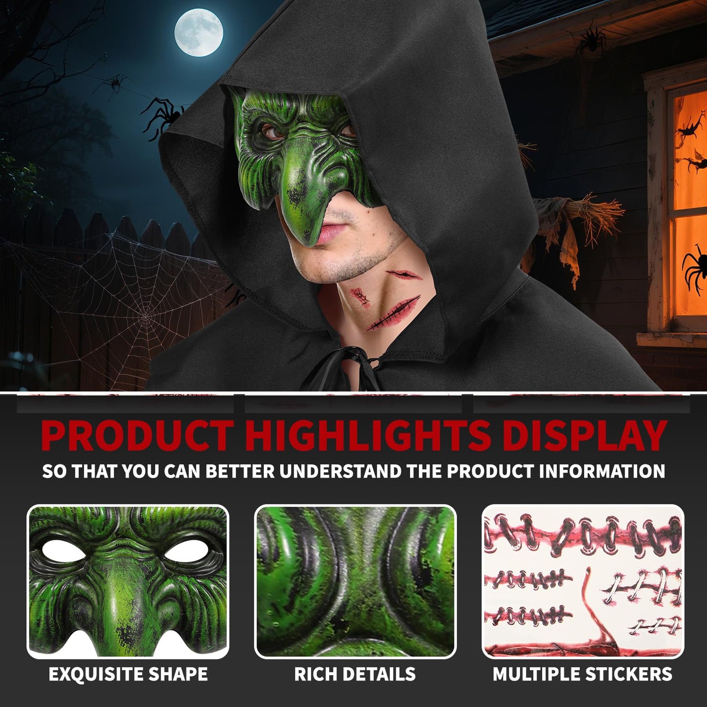 YUIQPKJX Old Witch Mask Adult Scary Masks Goblin Costume Accessory with Hood Sticker Halloween Mardi Gras Men Women Cosplay Props
