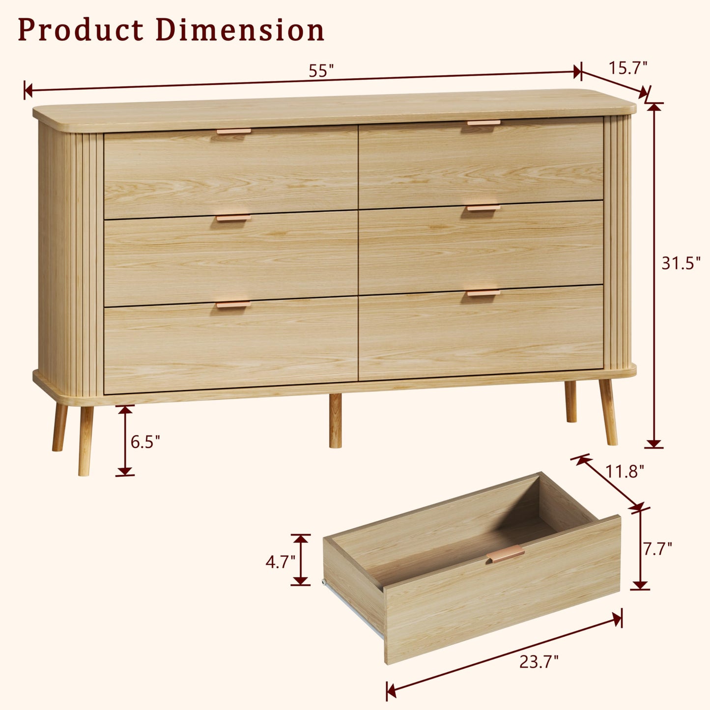 HUAHUU Fluted 6 Drawers Dresser for Bedroom, 55" Mid Century Modern Dresser & Chests of Drawers, Curved Profile Design, Dressers TV Stand, Wood Storage for Hallway, Entryway, Oak