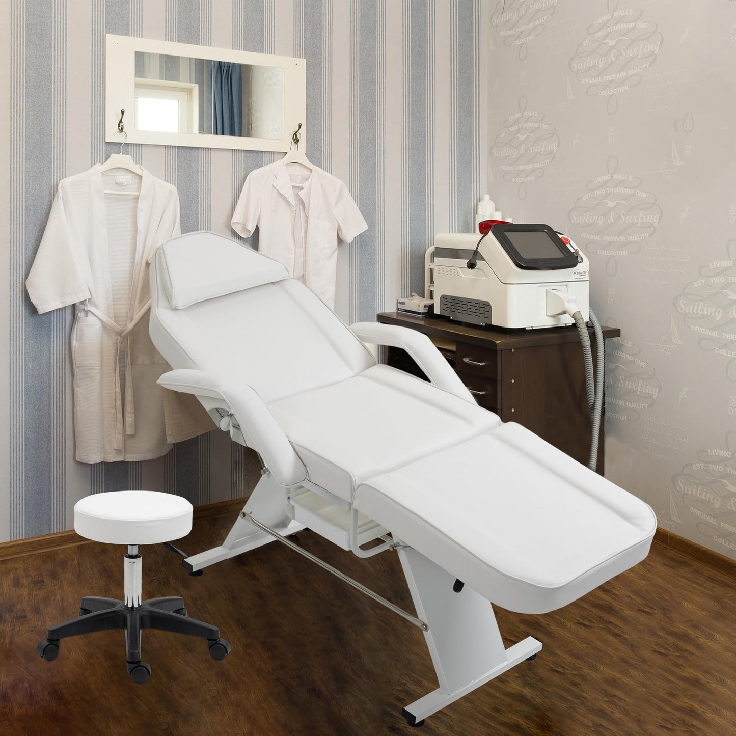 VroomAuto Hydraulic Facial Bed & Massage Chair with Stool, 3-Section Adjustable Esthetician Table for Spa, Tattoo, Beauty Salon, White