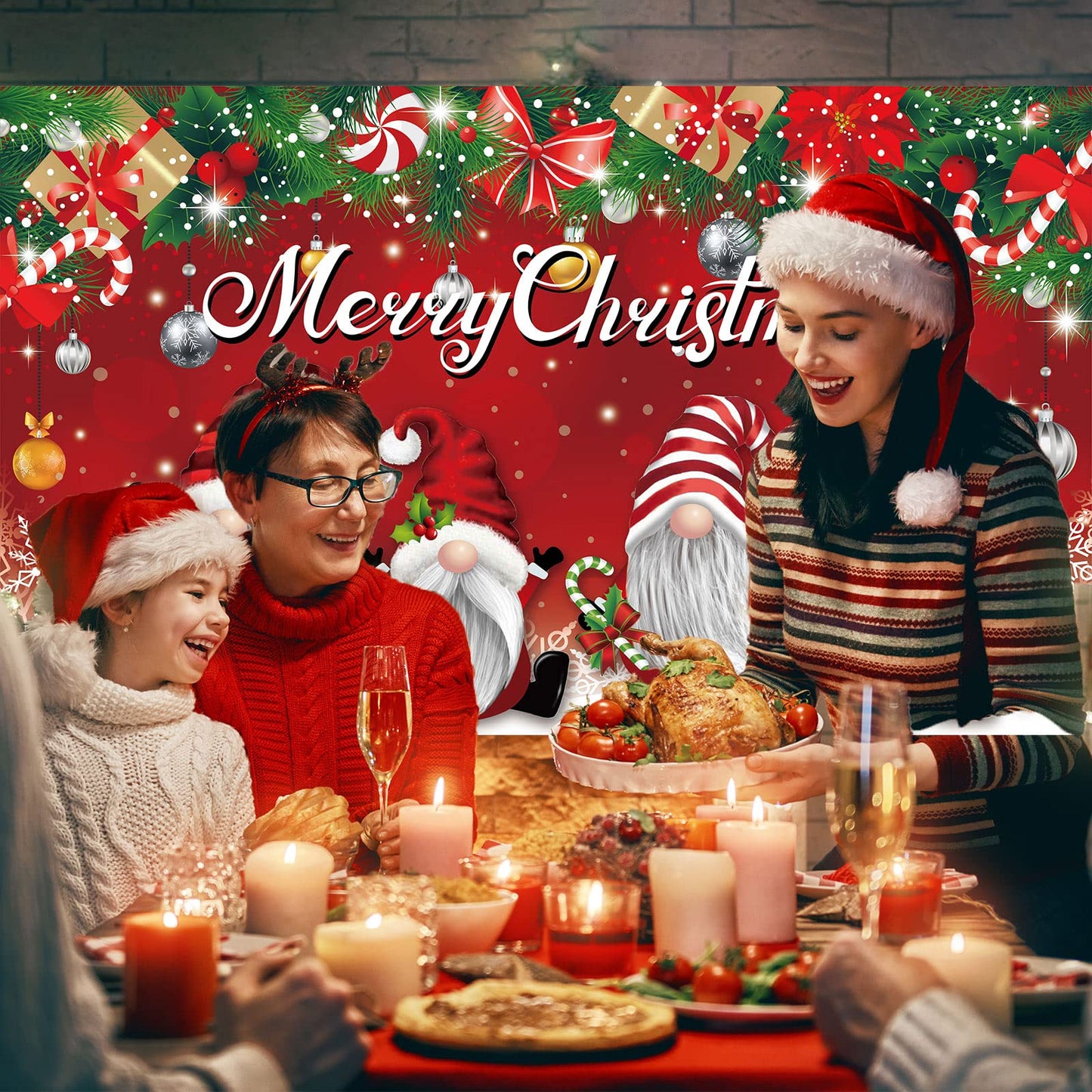 Merry Christmas Party Backdrop Decorations Large Fabric Red Xmas Gnome Banner Photo Booth Background For Christmas Winter Holida