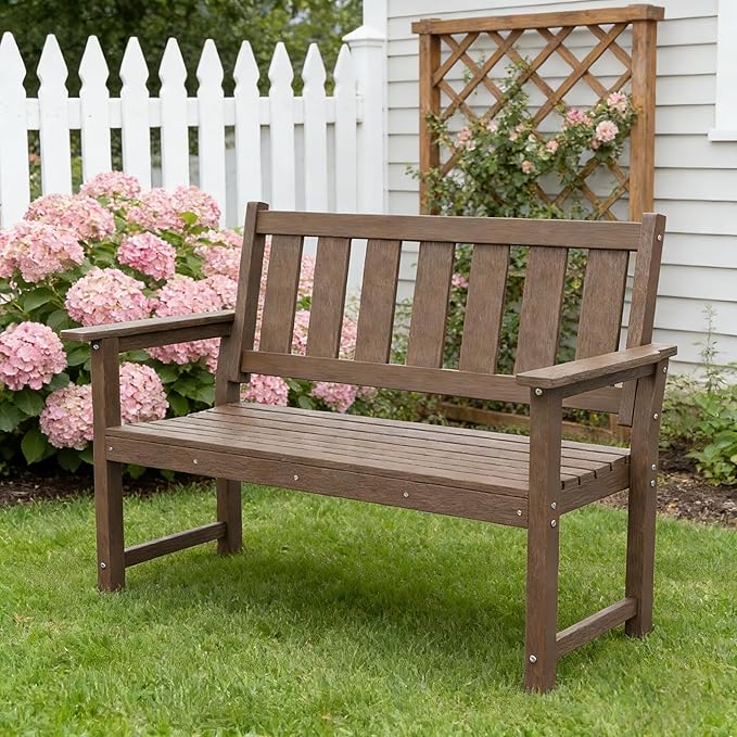 ACUEL HDPE Outdoor Bench – 50'' Weatherproof Durable Garden Bench, 2-Person Park Bench, Multi-Purpose Design Ideal for Porch, Patio, Church, and School (Brown)