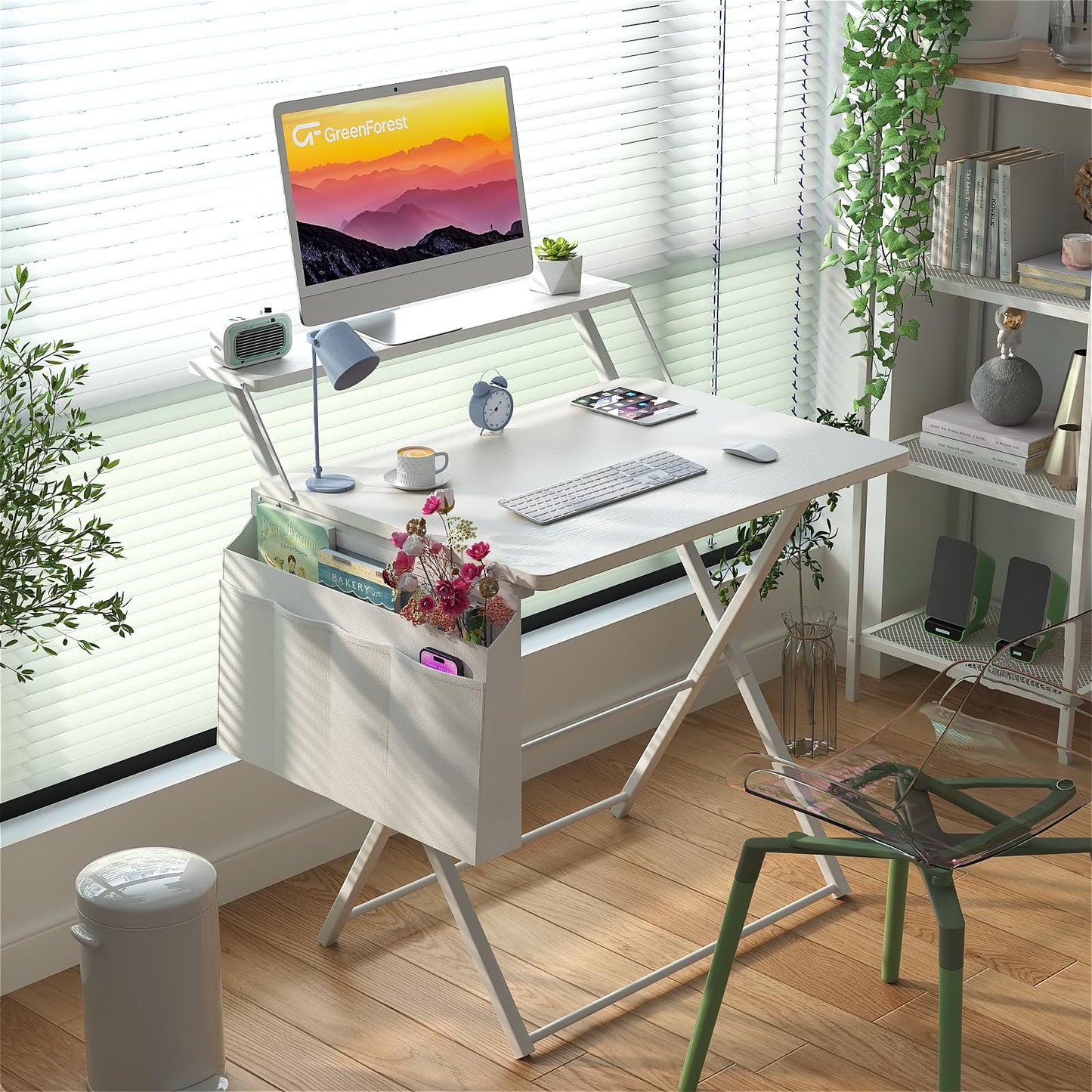GreenForest Folding Desk for Small Spaces, 31.5 inch Foldable Table with Storage Bag, 2-Tier Portable Computer Desk with Monitor Stand for Home Bedroom, Pure White