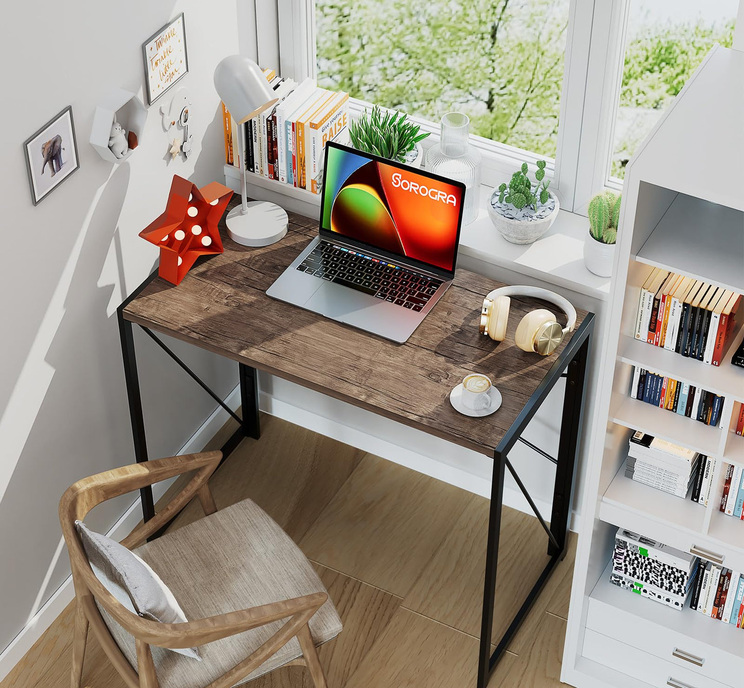 Coavas Folding Desk 31.5 inch Foldable Small Portable Computer Desks, Spaces Saving Writing Sturdy Table for Bedroom, Home Office, Dorm, Apartment, Pre Assembled, Brown