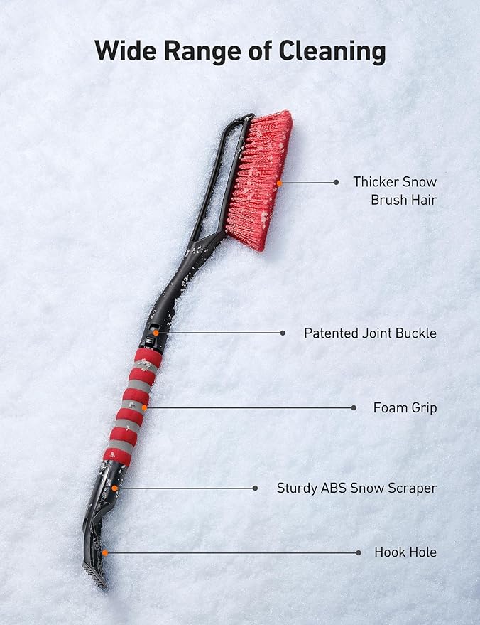 AstroAI 2 Pack 27" Snow Brush and Ice Scrapers for Car Windshield, Detachable Snow Scrapers with Ergonomic Foam Grip for Cars, Trucks, SUVs (Heavy Duty ABS, PVC Brush, Orange)
