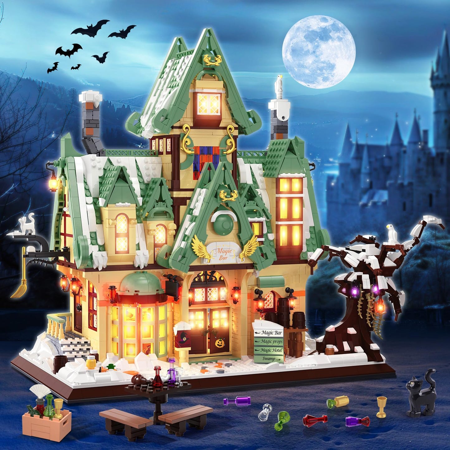HOGOKIDS Magic Bar House Building Set with LED Light - Halloween House Architecture 3.6mm Mini Building Block Home Office Decor, Magical Birthday Gift for Adults Kids Age 10+ Boy & Girl (2479 PCS)