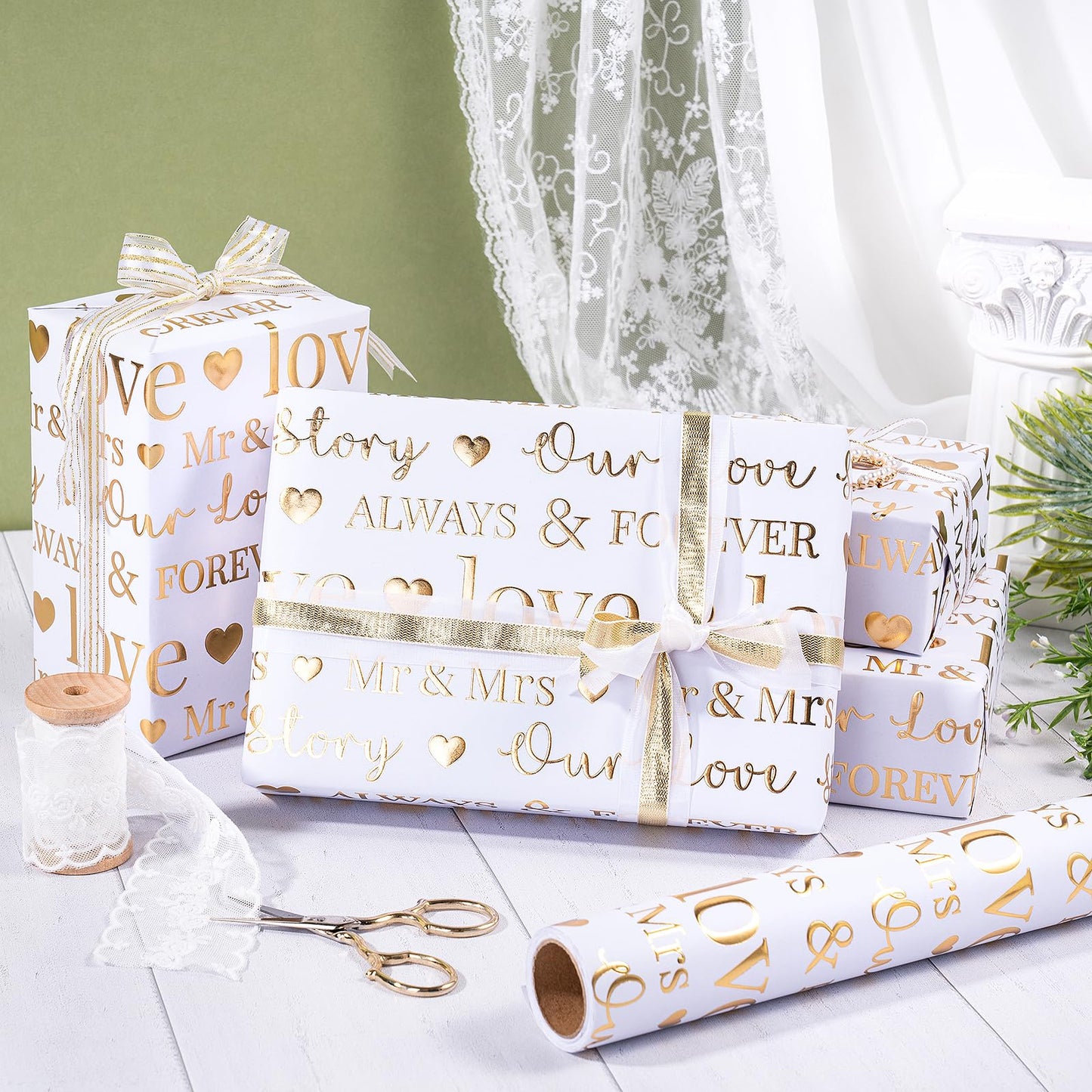 RUSPEPA Wedding Wrapping Paper Large Roll, Jumbo Roll, White and Gold Foil Love & Mr & Mrs Design, Romantic Gift Wrap for Wedding, Bridal Shower, Anniversary, Engagement, 30 Inches x 16.4 Feet