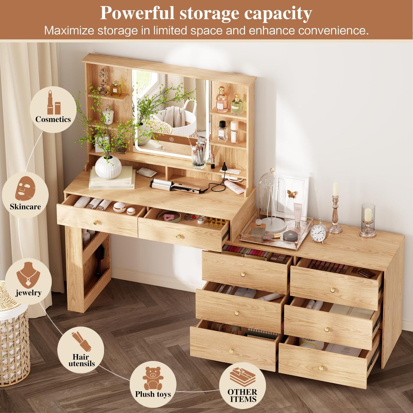 Ieejdn Large Makeup Vanity Desk with Mirror and Lights, Vanity Desk with 8 Drawers & Storage Shelves, Vanity Table with Power Outlet, 3 Color Modes & Adjustable Brightness Dressing Table, Bedroom,Oak