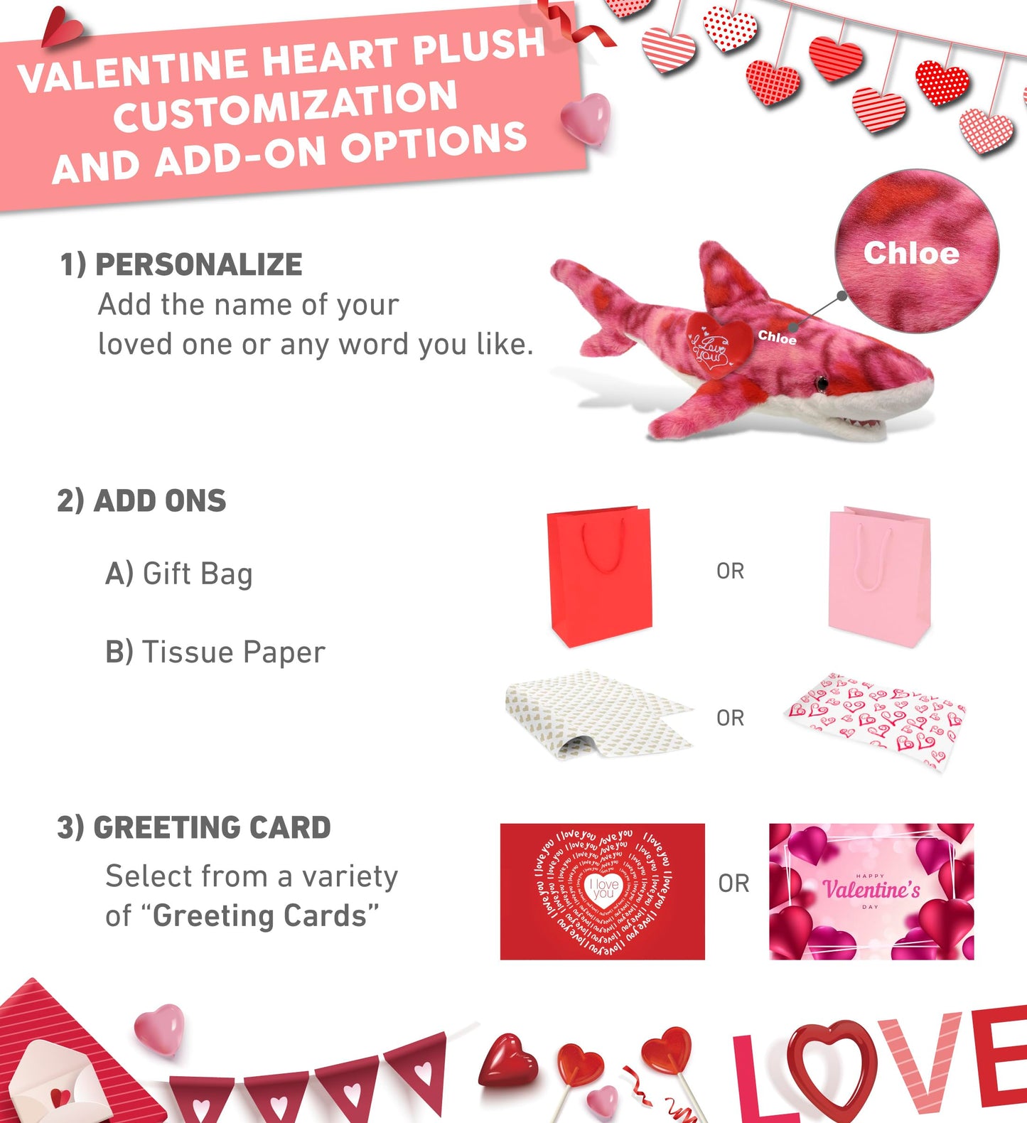 DolliBu I Love You Valentine Plush Pink Tie-Dye Shark - Cute Stuffed Animal with Red Heart and Name Personalization Gift for Valentines Day, Birthday, Anniversary, Romantic Date - 23 Inches