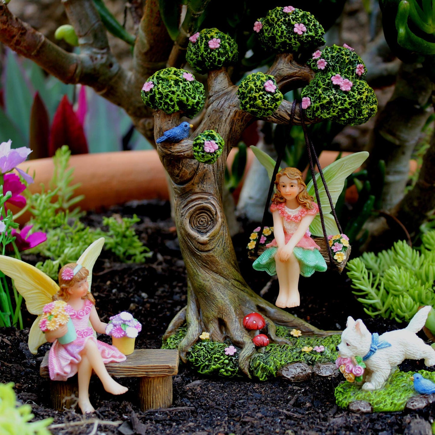 PRETMANNS Fairies for Fairy Garden – Cute Accessories Kit for Indoor or Outdoor Miniature Garden – Figurines, Tree Swing & Puppy Included – 4 Piece Set