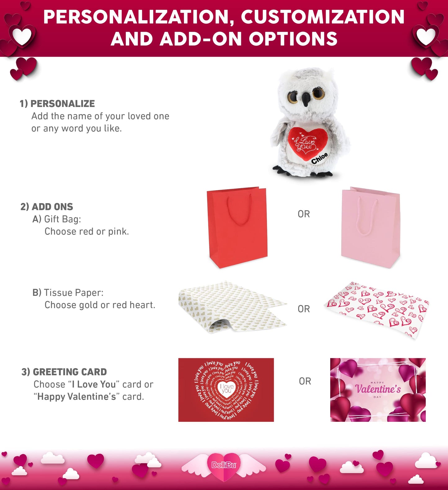 DolliBu I Love You Valentine Plush Big Eye Owl Bird - Cute Stuffed Animal with Red Heart and Name Personalization Gift for Valentines Day, Birthday, Anniversary, Romantic Date - 9 Inches