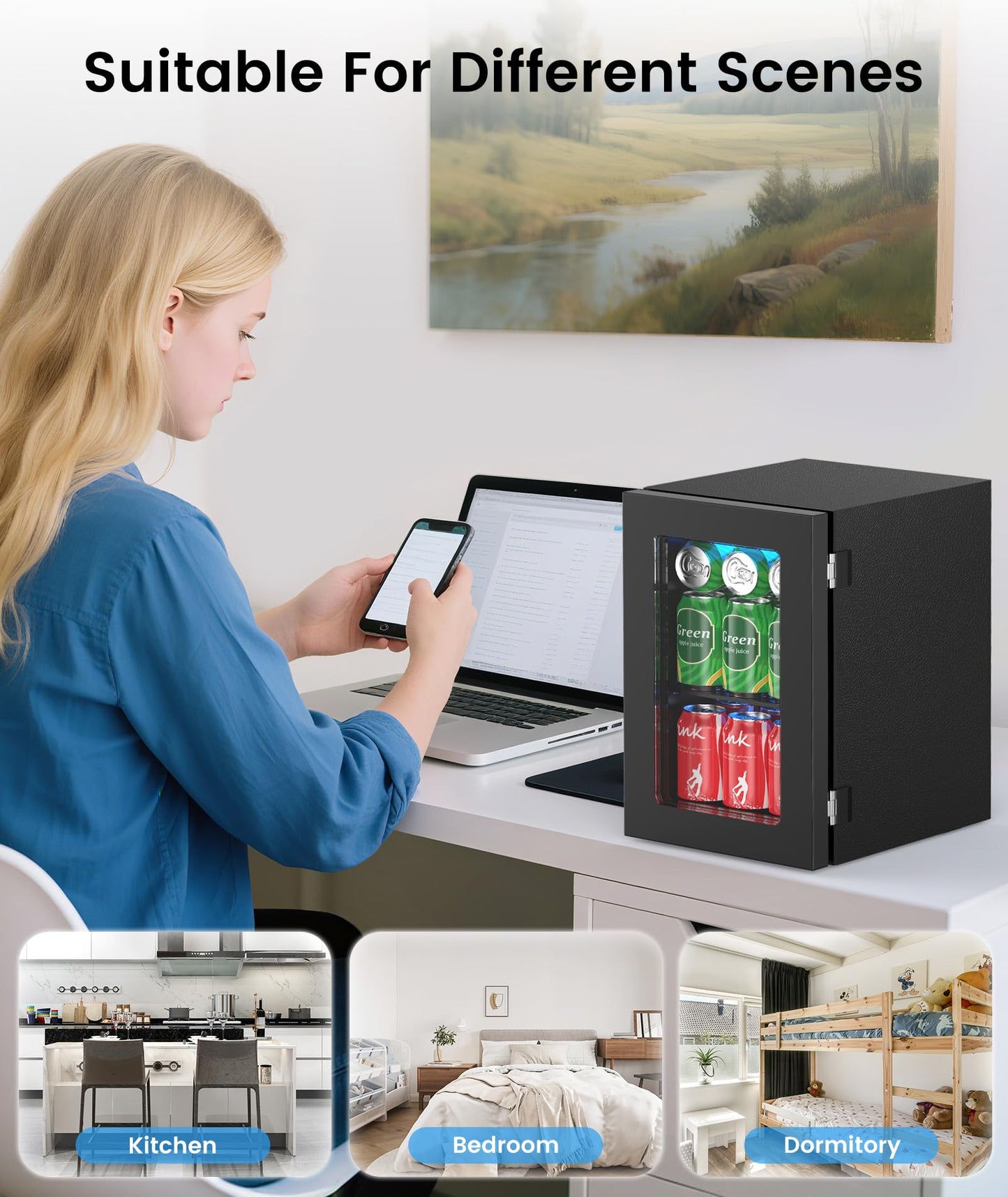 Kismile 18L Beverage Refrigerator Cooler, 24Can Mini Fridge with Glass Door, Quiet Compressor, Countertop Small Fridge with 40-61℉ Digital Electronic Temperature Control, LED Lgiht for Home and Bar